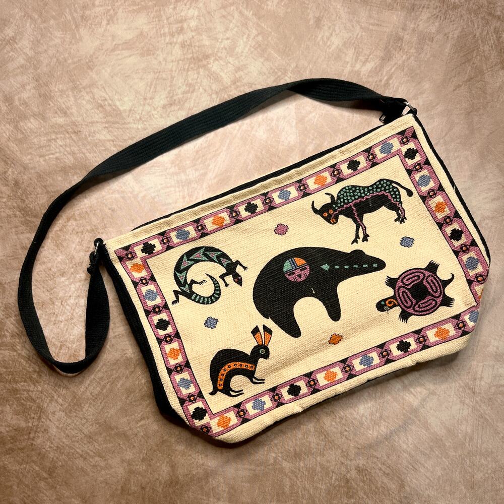 Vintage 90s El Paso Saddle Blanket Tapestry Animal Folk Art Shoulder Bag Zip Up